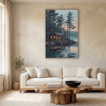 Lakeside Cabin Evergreen Japandi wall art in a calm Japandi-style room – wooden lakeside cabin with glowing orange