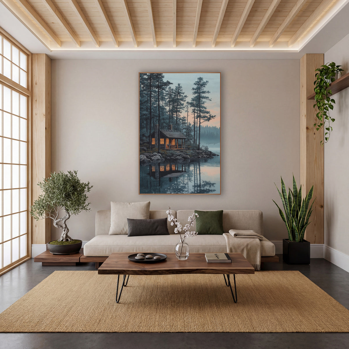 Lakeside Cabin Evergreen Japandi wall art in a calm Japandi-style room – wooden lakeside cabin with glowing orange