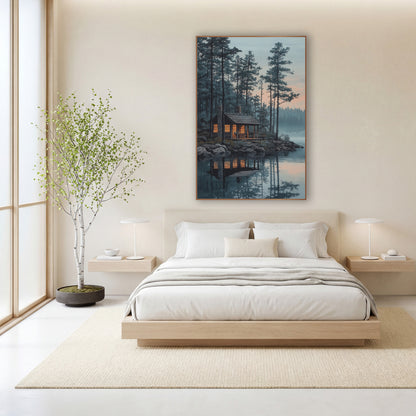 Lakeside Cabin Evergreen Japandi wall art in a calm Japandi-style room – wooden lakeside cabin with glowing orange