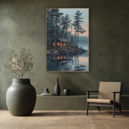 Lakeside Cabin Evergreen Japandi wall art in a calm Japandi-style room – wooden lakeside cabin with glowing orange