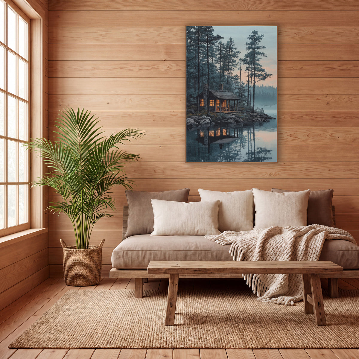 Lakeside Cabin Evergreen Japandi wall art in a calm Japandi-style room – wooden lakeside cabin with glowing orange