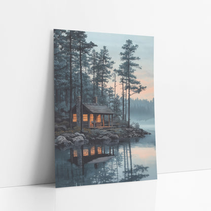 Lakeside Cabin Evergreen Japandi art print leaning against a white wall – wooden lakeside cabin with glowing orange windows