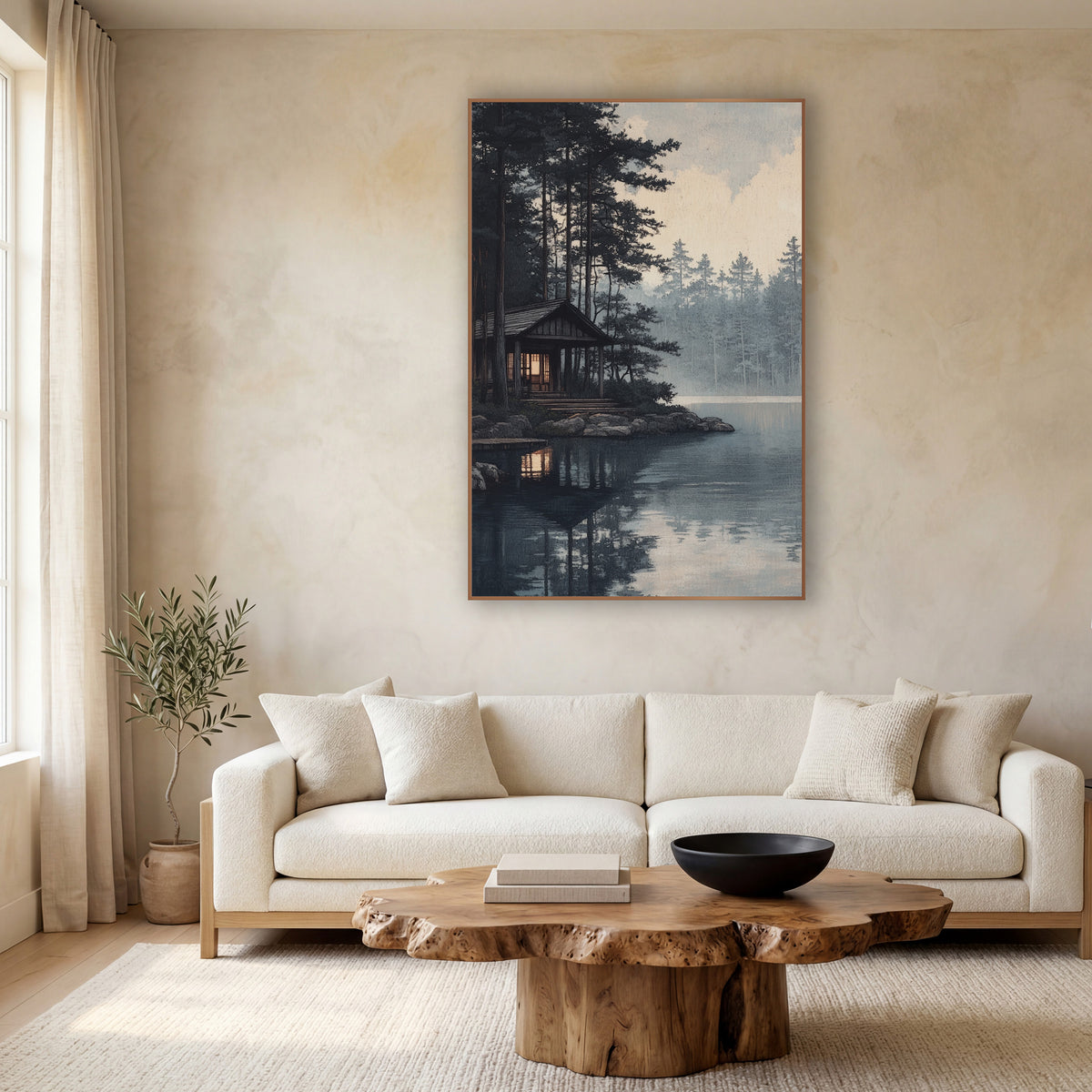 Misty Lakeside Pavilion Japandi wall art in a calm Japandi-style room – wooden lakeside pavilion with a glowing window