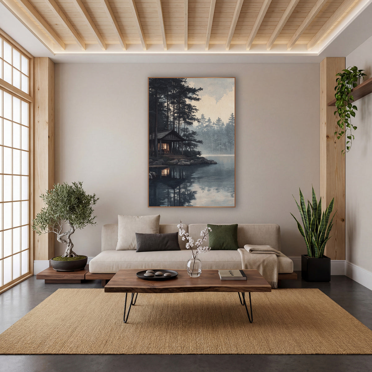 Misty Lakeside Pavilion Japandi wall art in a calm Japandi-style room – wooden lakeside pavilion with a glowing window