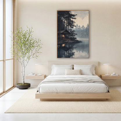 Misty Lakeside Pavilion Japandi wall art in a calm Japandi-style room – wooden lakeside pavilion with a glowing window