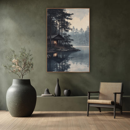 Misty Lakeside Pavilion Japandi wall art in a calm Japandi-style room – wooden lakeside pavilion with a glowing window