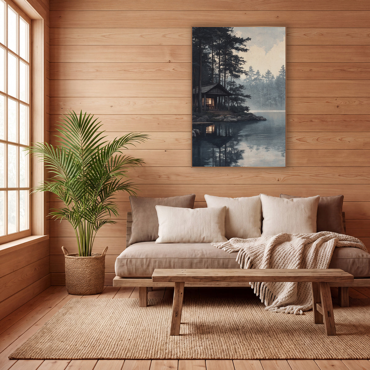 Misty Lakeside Pavilion Japandi wall art in a calm Japandi-style room – wooden lakeside pavilion with a glowing window