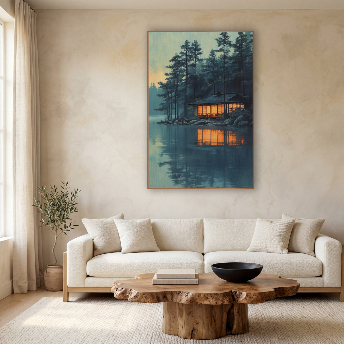 Lakeside Pavilion Pines Japandi Landscape wall art in a calm Japandi-style room – wooden lakeside pavilion