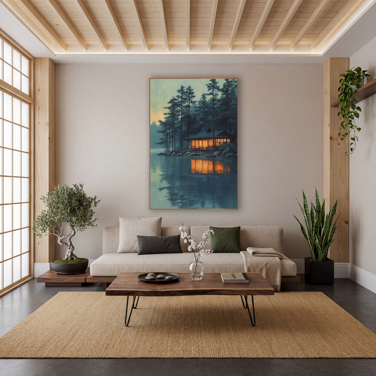 Lakeside Pavilion Pines Japandi Landscape wall art in a calm Japandi-style room – wooden lakeside pavilion