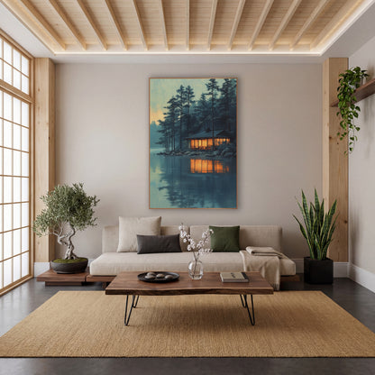 Lakeside Pavilion Pines Japandi Landscape wall art in a calm Japandi-style room – wooden lakeside pavilion