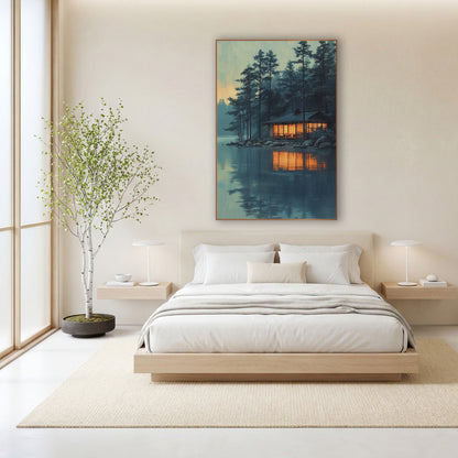 Lakeside Pavilion Pines Japandi Landscape wall art in a calm Japandi-style room – wooden lakeside pavilion