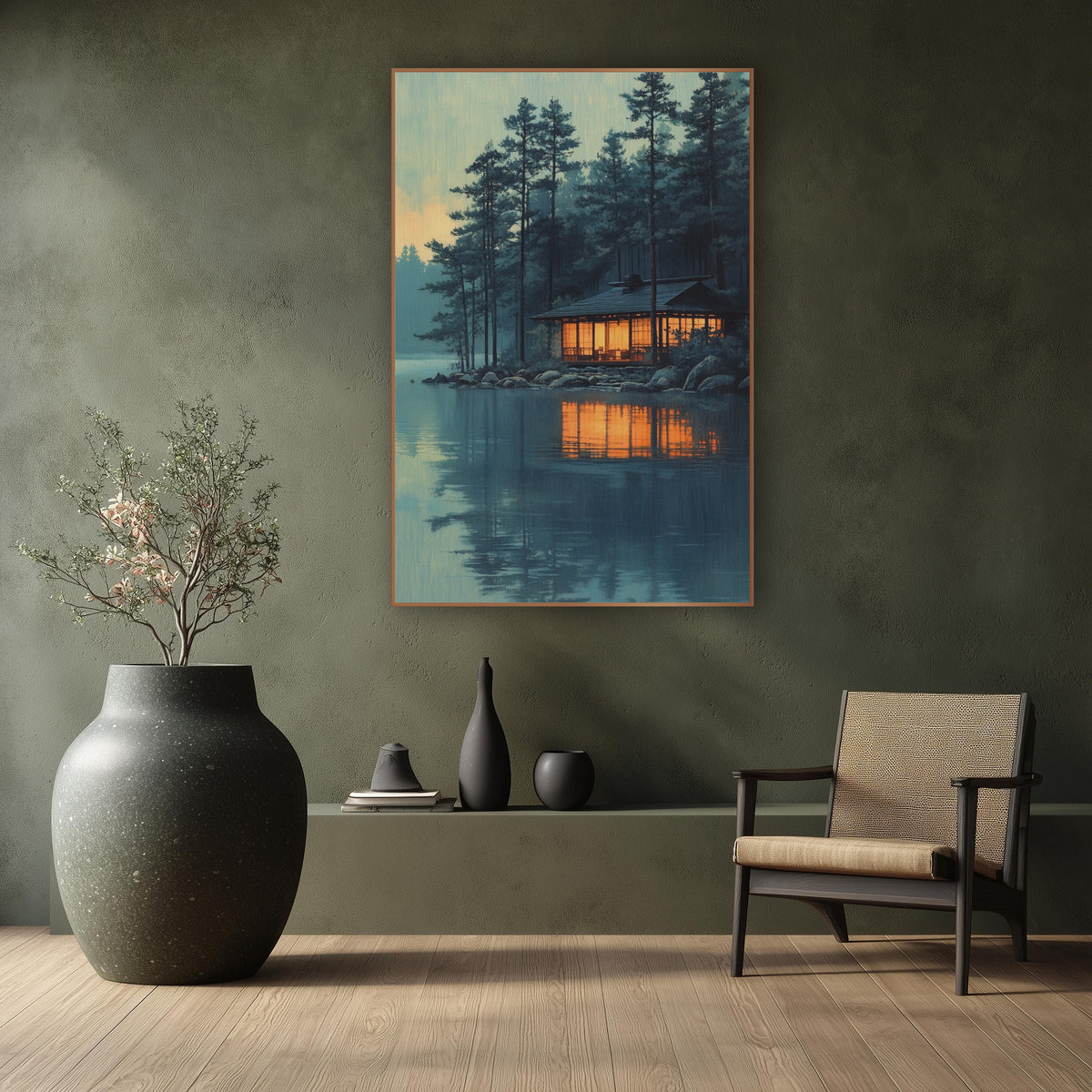 Lakeside Pavilion Pines Japandi Landscape wall art in a calm Japandi-style room – wooden lakeside pavilion
