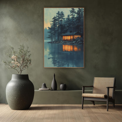 Lakeside Pavilion Pines Japandi Landscape wall art in a calm Japandi-style room – wooden lakeside pavilion