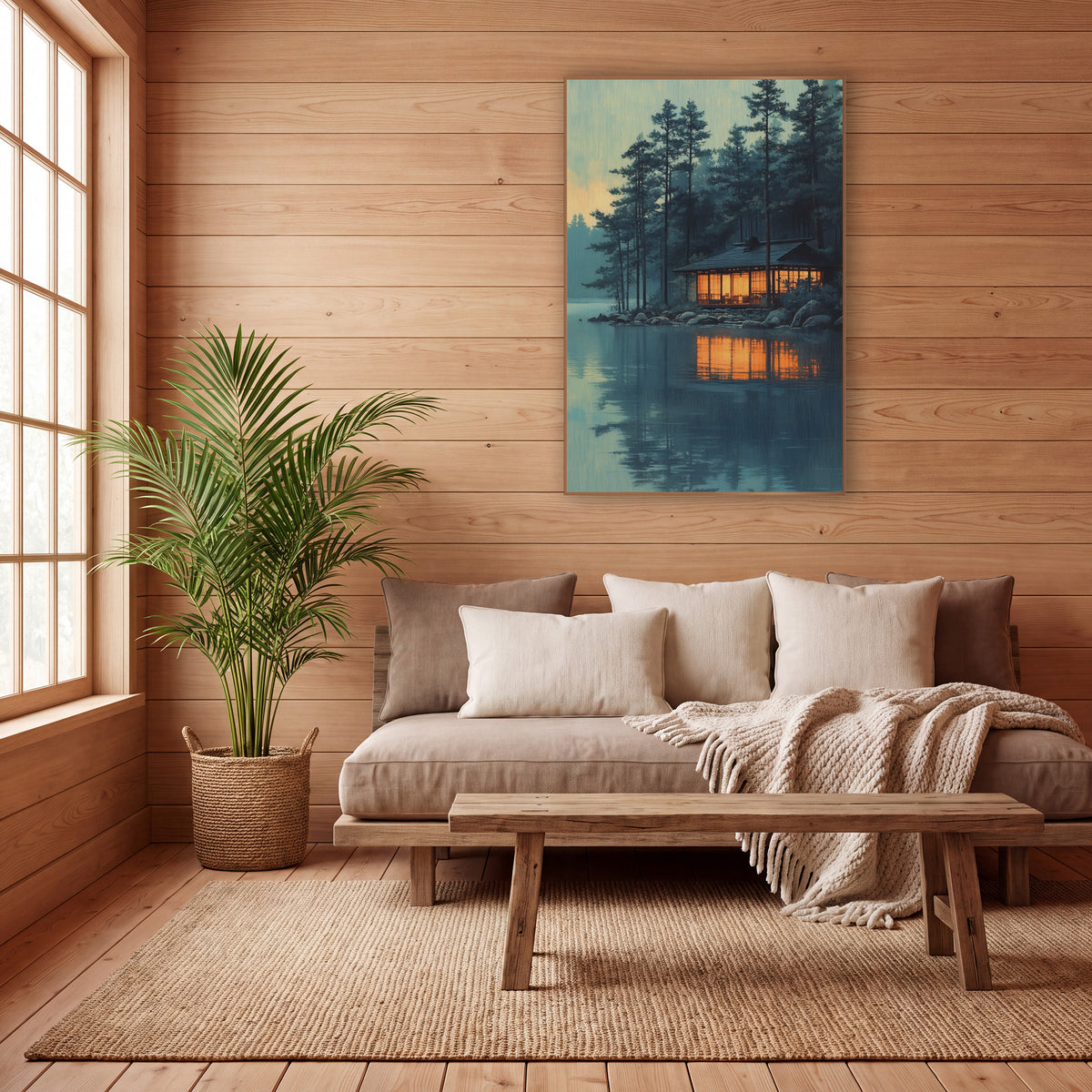 Lakeside Pavilion Pines Japandi Landscape wall art in a calm Japandi-style room – wooden lakeside pavilion