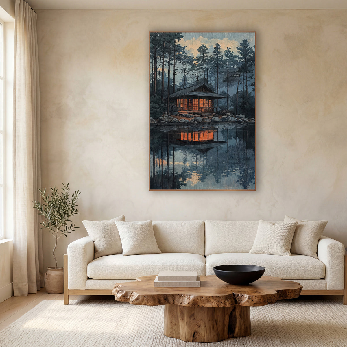 Glowing Lakeside Pavilion Evergreen Landscape wall art in a calm Japandi-style room – wooden pavilion with glowing