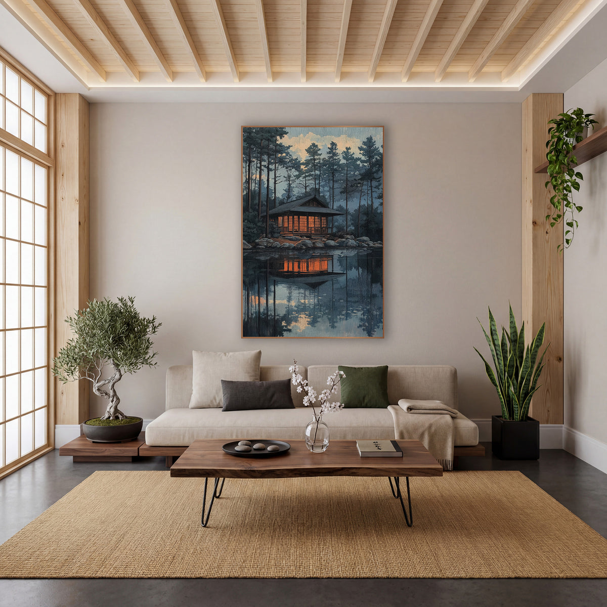 Glowing Lakeside Pavilion Evergreen Landscape wall art in a calm Japandi-style room – wooden pavilion with glowing