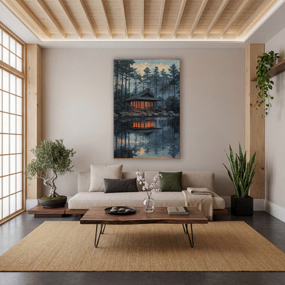 Glowing Lakeside Pavilion Evergreen Landscape wall art in a calm Japandi-style room – wooden pavilion with glowing