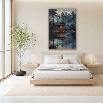 Glowing Lakeside Pavilion Evergreen Landscape wall art in a calm Japandi-style room – wooden pavilion with glowing