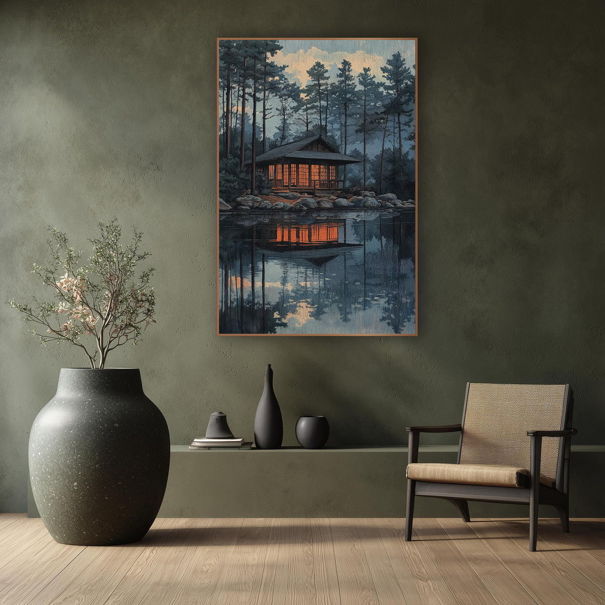 Glowing Lakeside Pavilion Evergreen Landscape wall art in a calm Japandi-style room – wooden pavilion with glowing