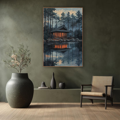 Glowing Lakeside Pavilion Evergreen Landscape wall art in a calm Japandi-style room – wooden pavilion with glowing