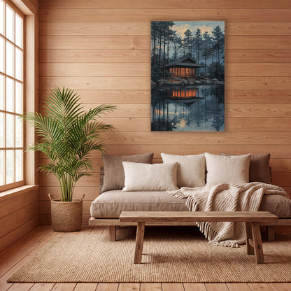 Glowing Lakeside Pavilion Evergreen Landscape wall art in a calm Japandi-style room – wooden pavilion with glowing