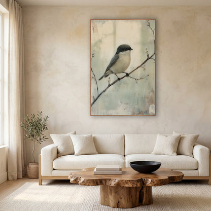 Small Bird On Branch Japandi wall art in a calm Japandi-style room – small gray and cream bird perched on a thin