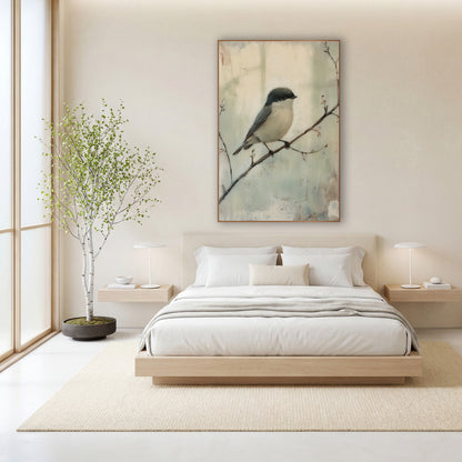 Small Bird On Branch Japandi wall art in a calm Japandi-style room – small gray and cream bird perched on a thin