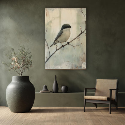 Small Bird On Branch Japandi wall art in a calm Japandi-style room – small gray and cream bird perched on a thin