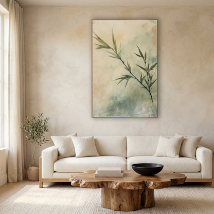 Sage Bamboo Sprig Botanical Japandi wall art in a calm Japandi-style room – slanted bamboo sprig with slim olive