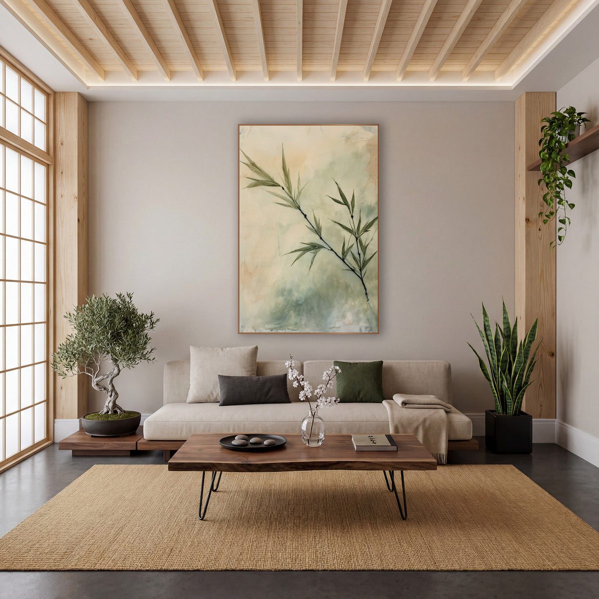 Sage Bamboo Sprig Botanical Japandi wall art in a calm Japandi-style room – slanted bamboo sprig with slim olive