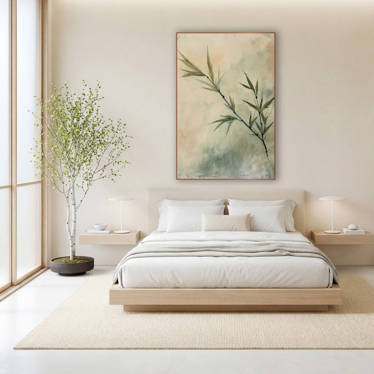 Sage Bamboo Sprig Botanical Japandi wall art in a calm Japandi-style room – slanted bamboo sprig with slim olive
