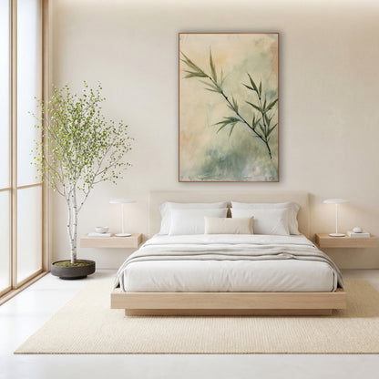 Sage Bamboo Sprig Botanical Japandi wall art in a calm Japandi-style room – slanted bamboo sprig with slim olive