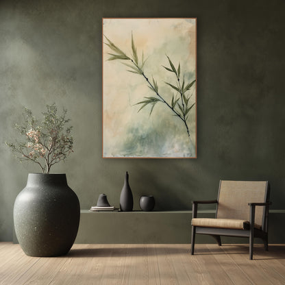 Sage Bamboo Sprig Botanical Japandi wall art in a calm Japandi-style room – slanted bamboo sprig with slim olive