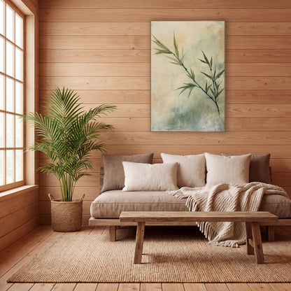 Sage Bamboo Sprig Botanical Japandi wall art in a calm Japandi-style room – slanted bamboo sprig with slim olive