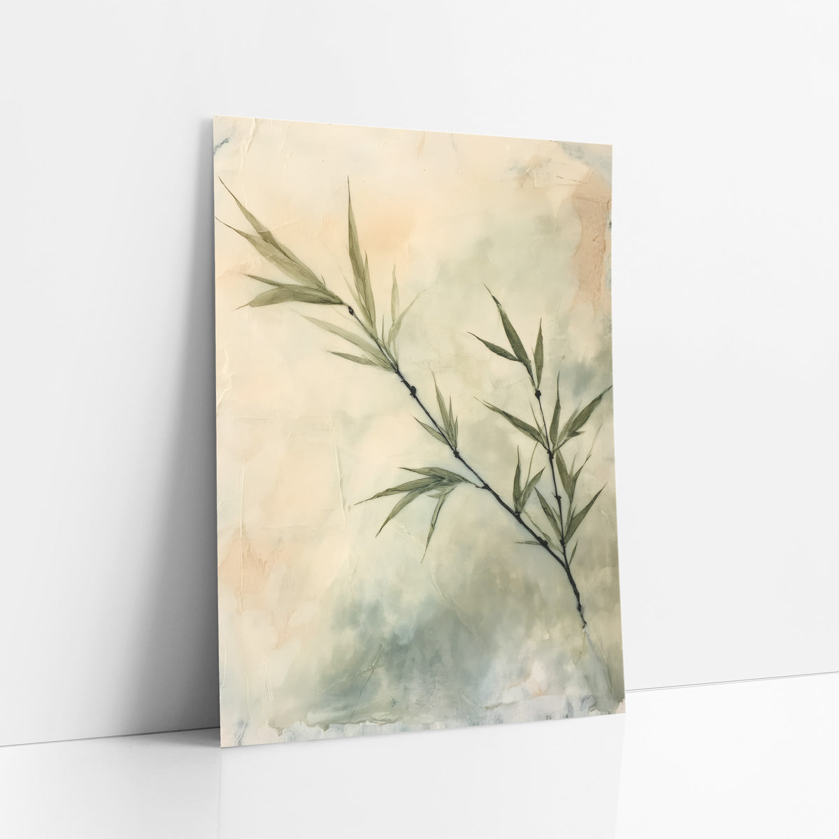 Sage Bamboo Sprig Botanical Japandi art print leaning against a white wall – slanted bamboo sprig with slim olive leaves