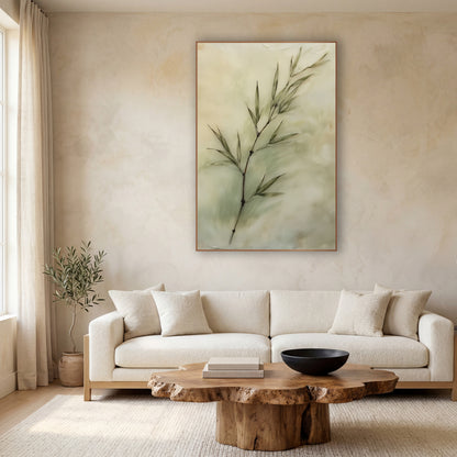 Sage Bamboo Sprig Japandi wall art in a calm Japandi-style room – bamboo sprig with slim sage green leaves
