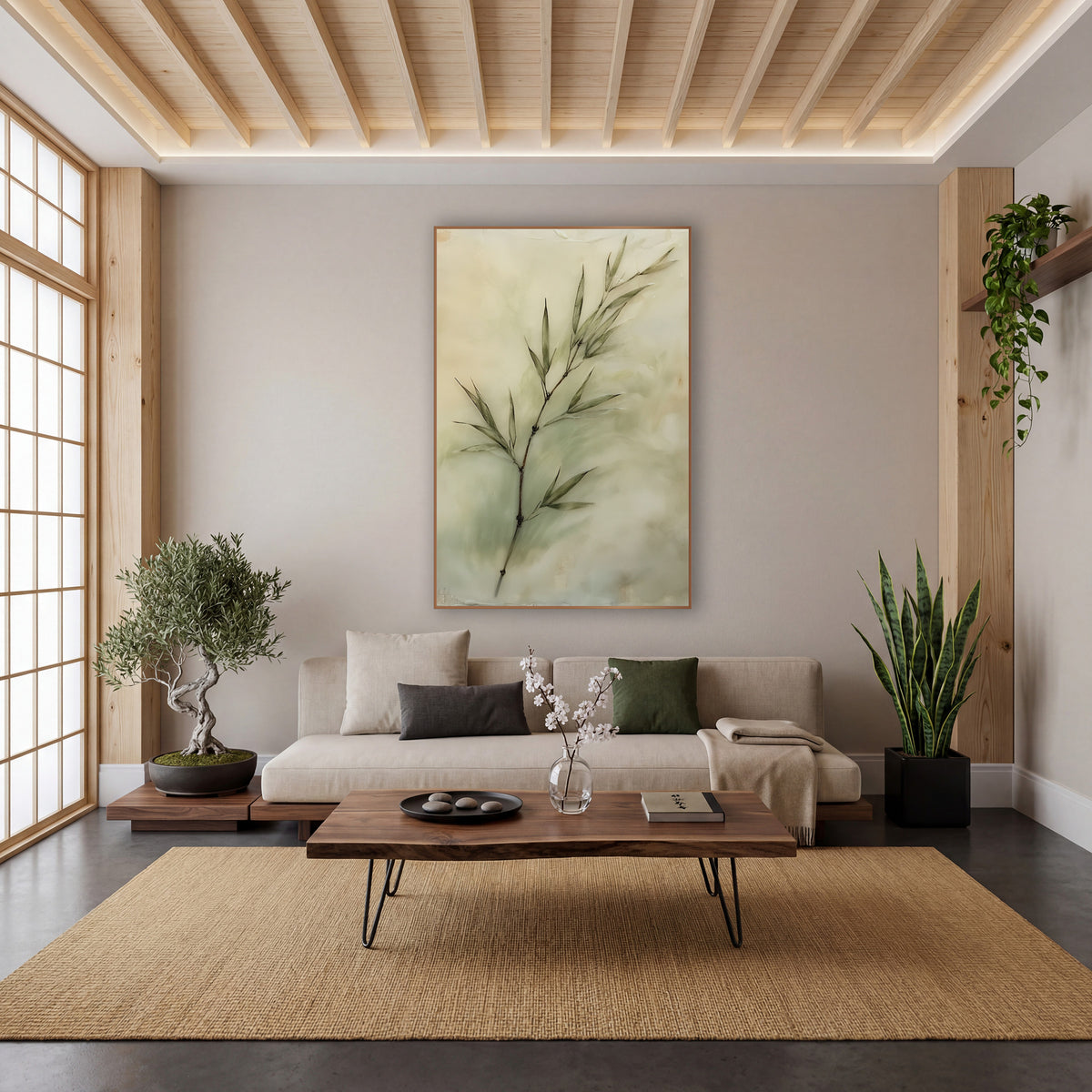 Sage Bamboo Sprig Japandi wall art in a calm Japandi-style room – bamboo sprig with slim sage green leaves