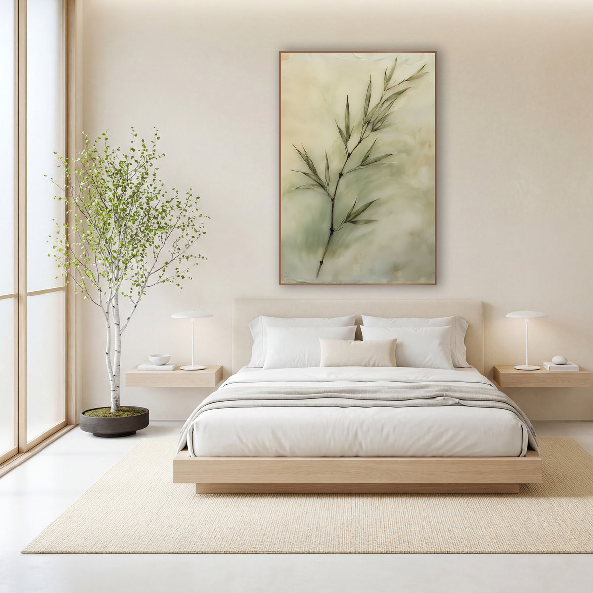 Sage Bamboo Sprig Japandi wall art in a calm Japandi-style room – bamboo sprig with slim sage green leaves