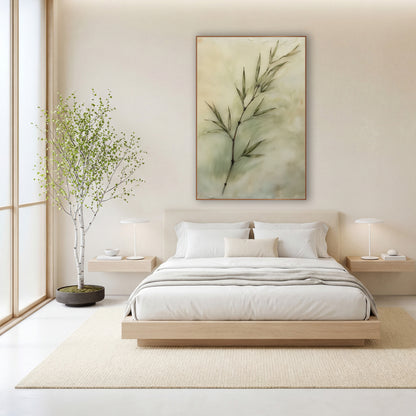 Sage Bamboo Sprig Japandi wall art in a calm Japandi-style room – bamboo sprig with slim sage green leaves