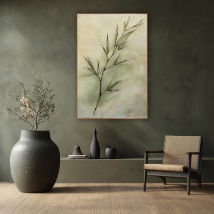 Sage Bamboo Sprig Japandi wall art in a calm Japandi-style room – bamboo sprig with slim sage green leaves