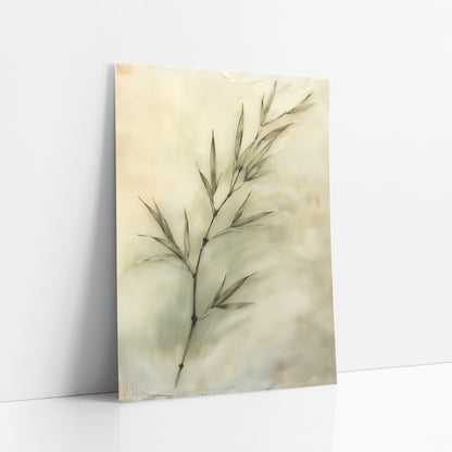 Sage Bamboo Sprig Japandi art print leaning against a white wall – bamboo sprig with slim sage green leaves on a glowing