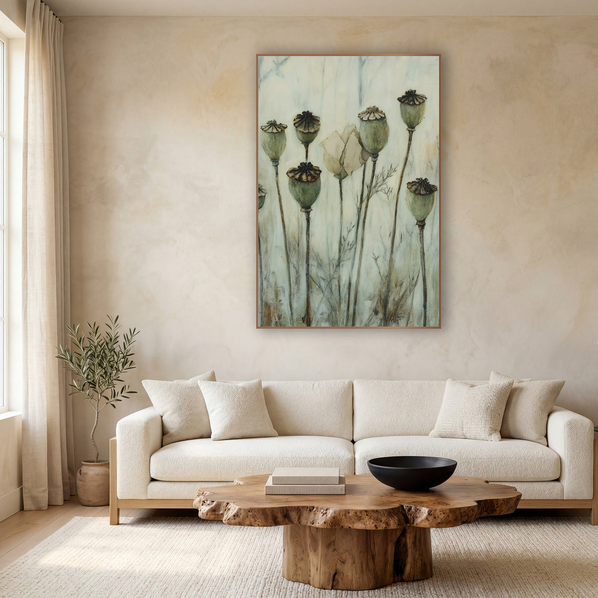 Sage Poppy Pods Botanical Study wall art in a calm Japandi-style room – eight sage green dried poppy pods on tall
