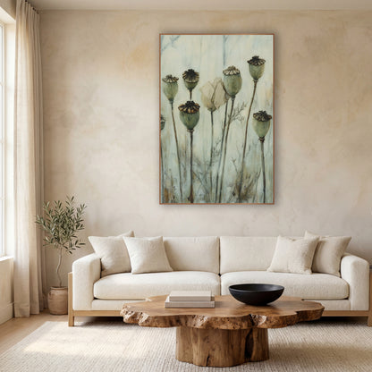 Sage Poppy Pods Botanical Study wall art in a calm Japandi-style room – eight sage green dried poppy pods on tall