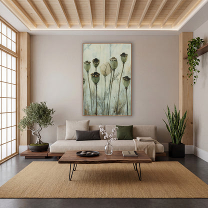 Sage Poppy Pods Botanical Study wall art in a calm Japandi-style room – eight sage green dried poppy pods on tall