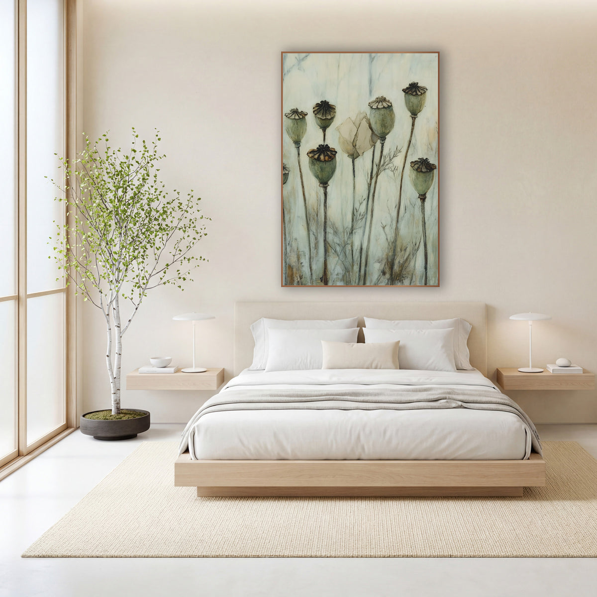 Sage Poppy Pods Botanical Study wall art in a calm Japandi-style room – eight sage green dried poppy pods on tall