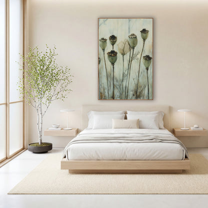 Sage Poppy Pods Botanical Study wall art in a calm Japandi-style room – eight sage green dried poppy pods on tall