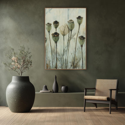 Sage Poppy Pods Botanical Study wall art in a calm Japandi-style room – eight sage green dried poppy pods on tall