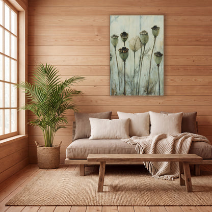 Sage Poppy Pods Botanical Study wall art in a calm Japandi-style room – eight sage green dried poppy pods on tall