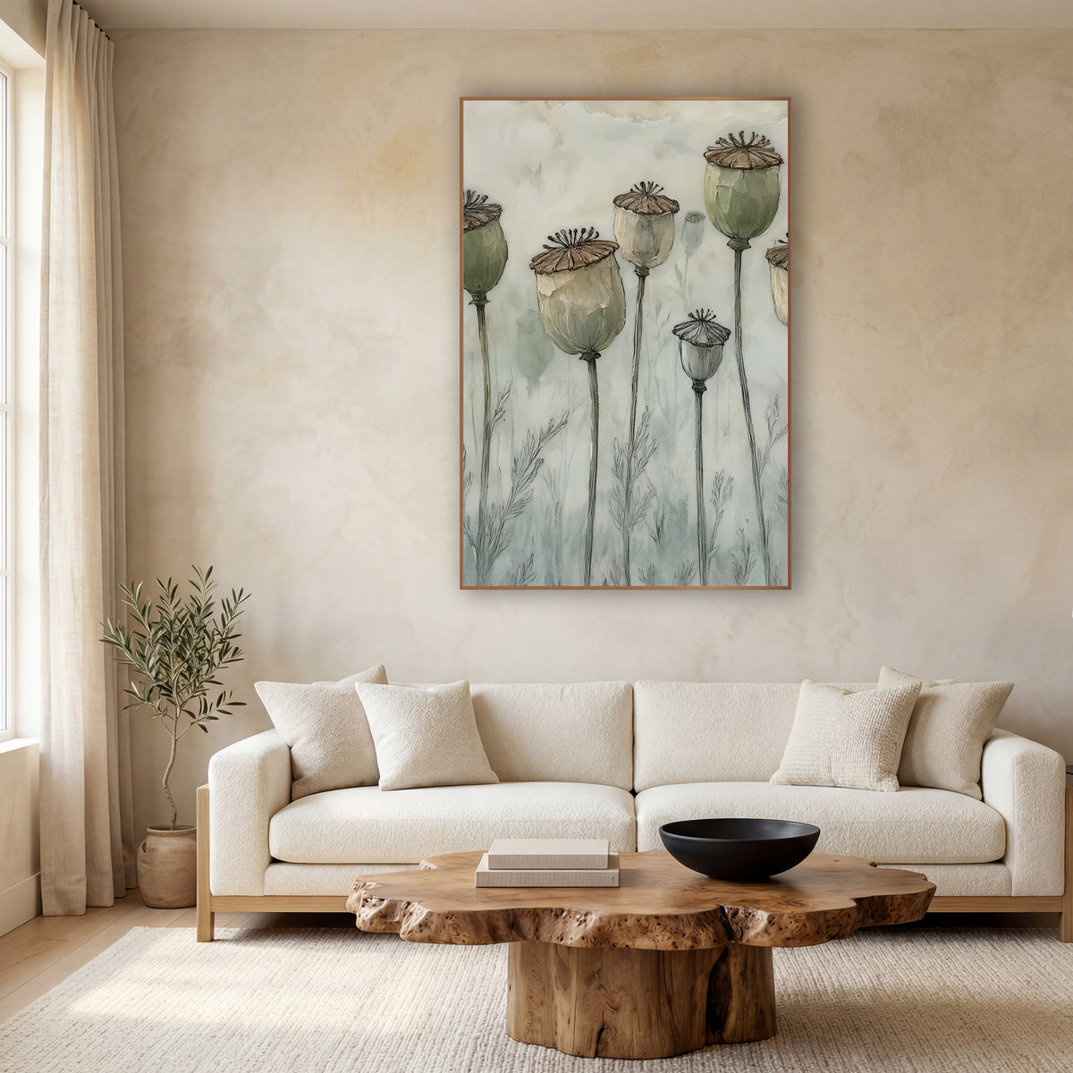 Five Poppy Pods Misty Japandi wall art in a calm Japandi-style room – six dried poppy pods in sage green and cream