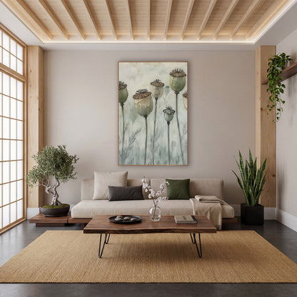 Five Poppy Pods Misty Japandi wall art in a calm Japandi-style room – six dried poppy pods in sage green and cream